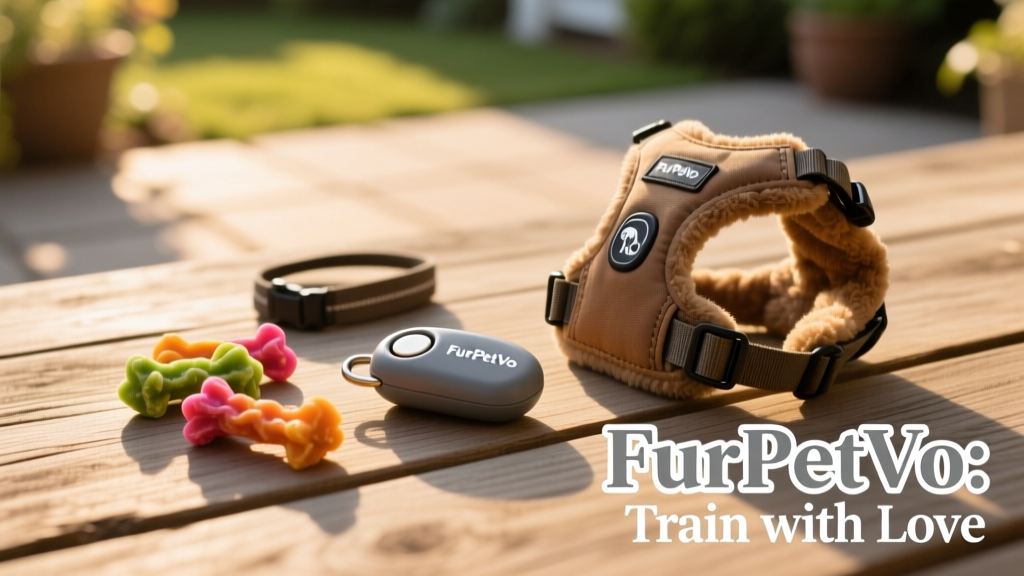 A variety of FurPetVo training tools laid out neatly: soft treats, a durable clicker, and a comfortable training harness