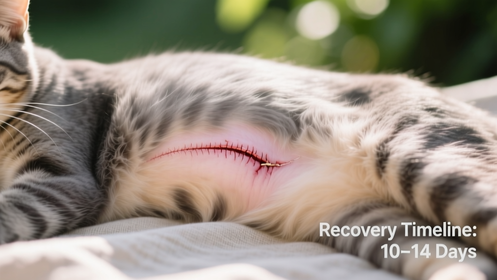 Close-up of a clean, well-healed spay incision site on a cat's abdomen, with no visible redness or swelling