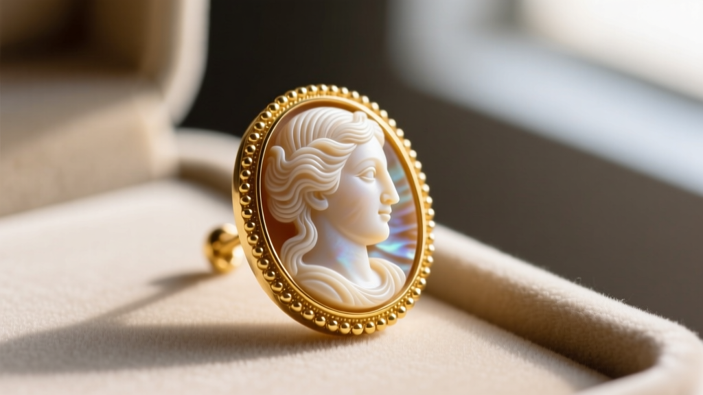 Close-up of hand-carved Italian shell cameo earring showing classical female profile set in 14k yellow gold with milgrain border.