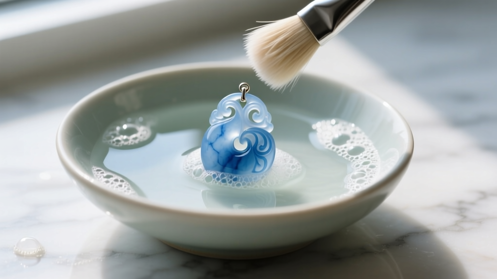 Shallow ceramic bowl with lukewarm soapy water and a soft baby-hair brush gently cleaning a carved blue jade pendant.