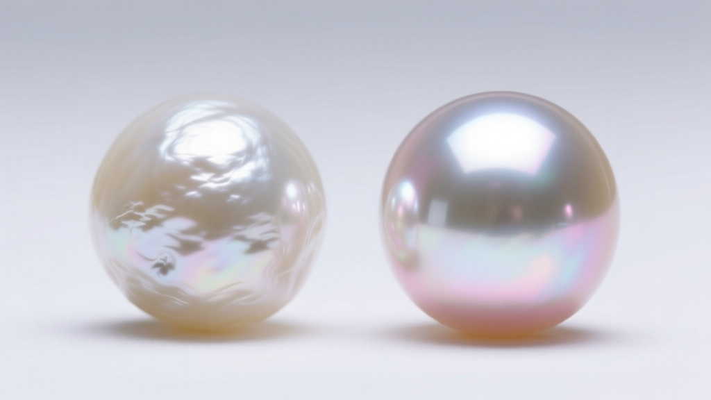 Macro view comparing a chalky low-grade freshwater pearl next to a brilliant gem-grade Akoya pearl under bright studio lighting