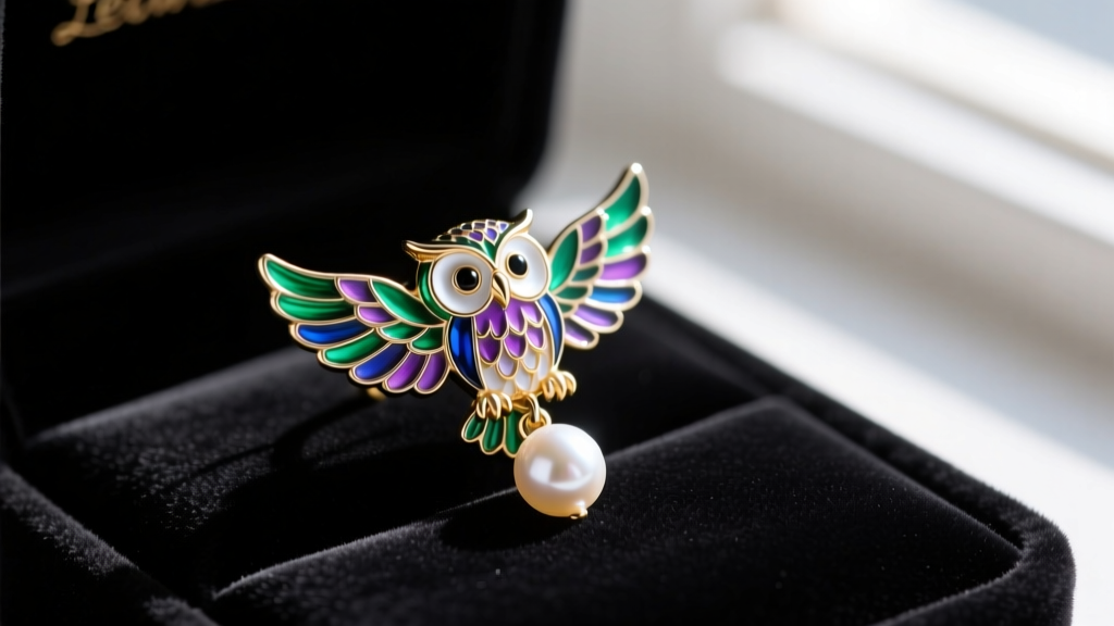 Macro shot of an enamel owl earring wearing a dangling Akoya pearl, resting on dark velvet jewelry cloth in soft light.
