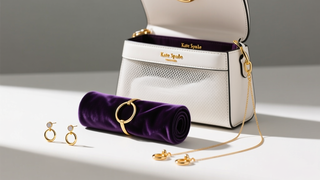 Open Kate Spade case showing the velvet ring roll, mesh pouch, and snap earring straps holding small gold hoop jewelry pieces.