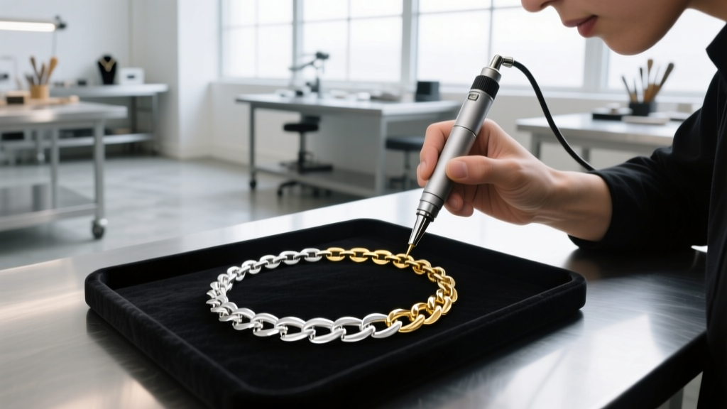 Jeweler applying rhodium to white gold links of a two-tone necklace using an electroplating pen in a bright jewelry workshop.