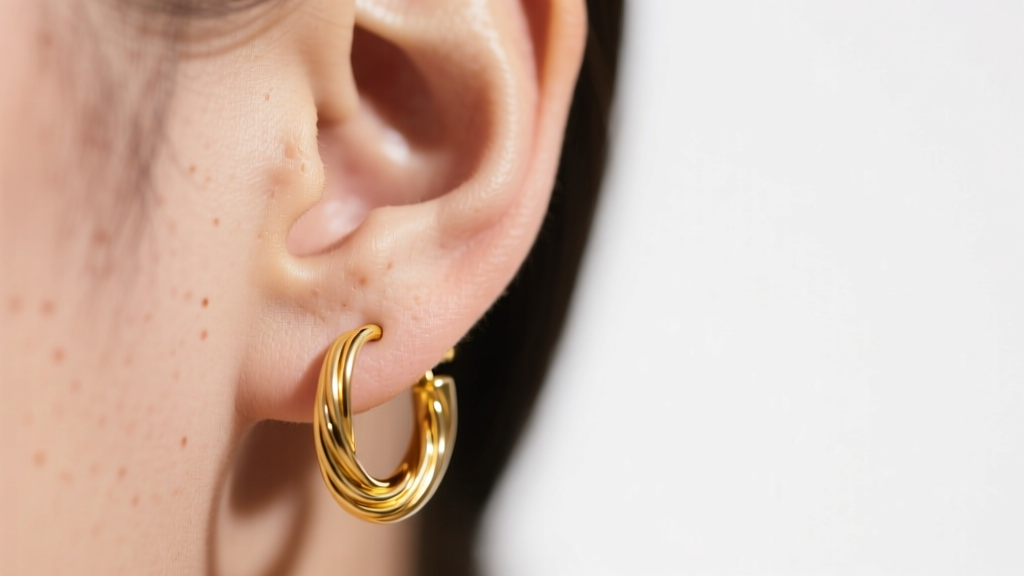 Macro shot of an ear wearing 30mm 14k yellow gold hoop earrings with a continuous wire closure against soft studio lighting