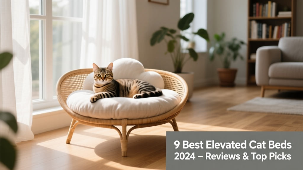 A sleek, modern elevated cat bed with a woven rattan frame and soft cushion, placed beside a sunlit window
