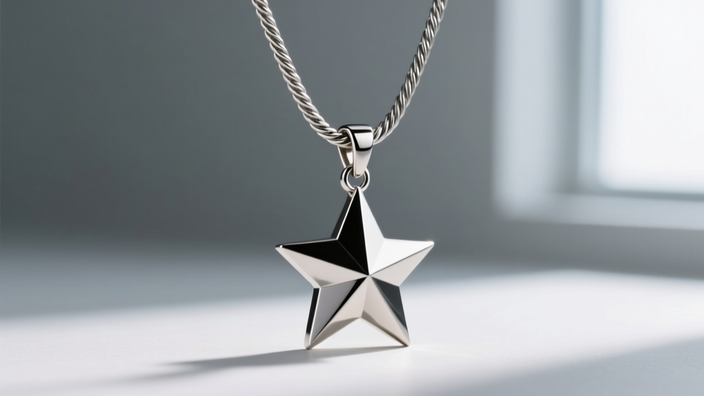 4mm steel rope chain attached to a heavy star pendant via a soldered jump ring, photographed against a neutral grey backdrop.