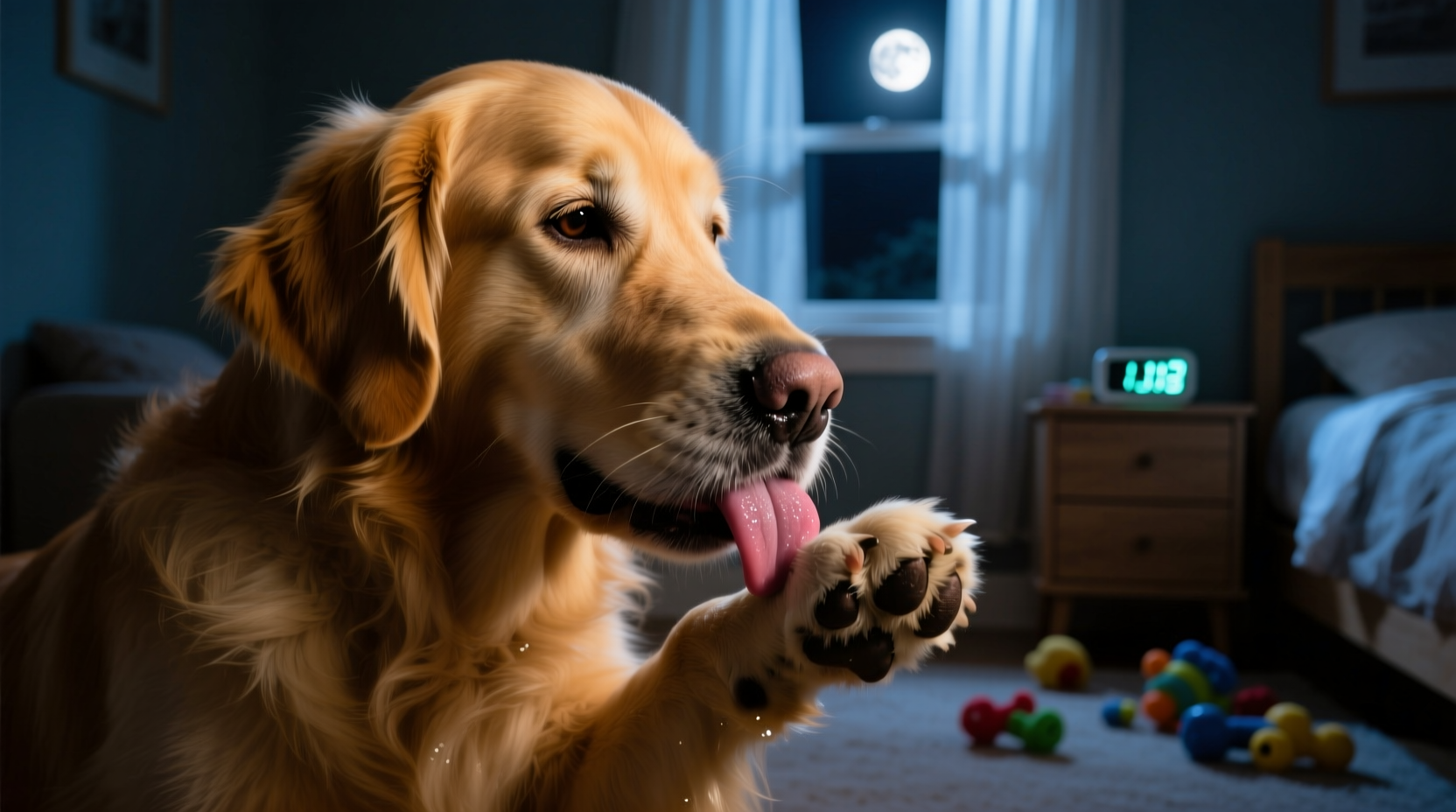 why does my dog lick its paws constantly at night