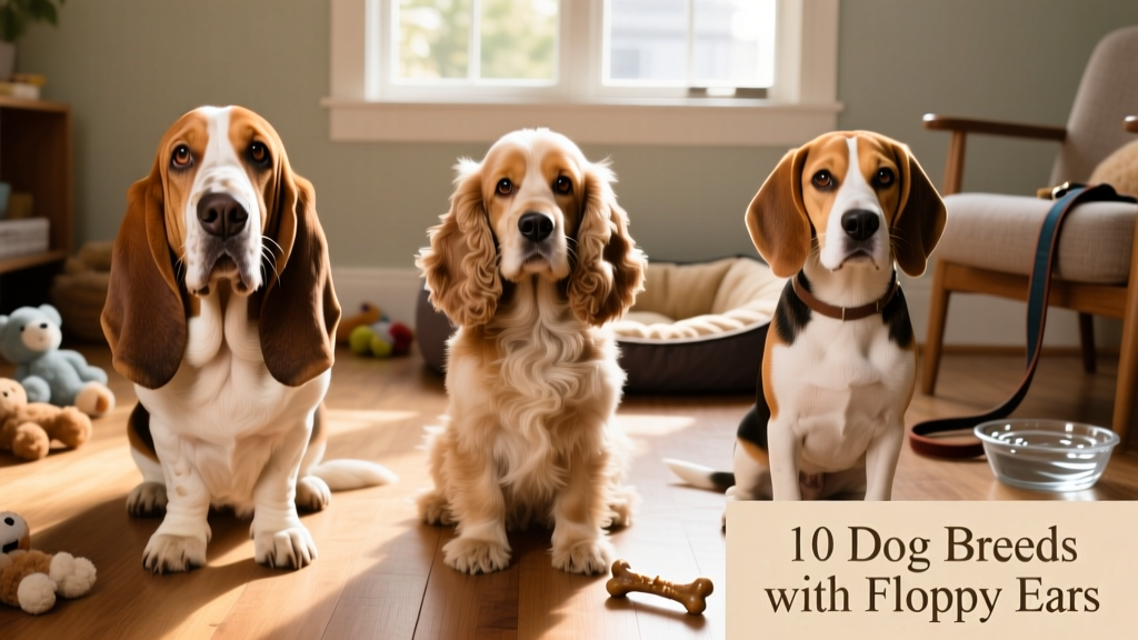 Side-by-side comparison of three floppy-eared dogs: a Basset Hound, a Cocker Spaniel, and a Beagle, all looking affectionately at the camera