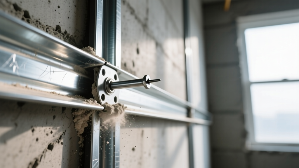 Close-up of 7/8-inch galvanized steel hat furring channels being fastened to a raw concrete basement wall with powder-actuated pins