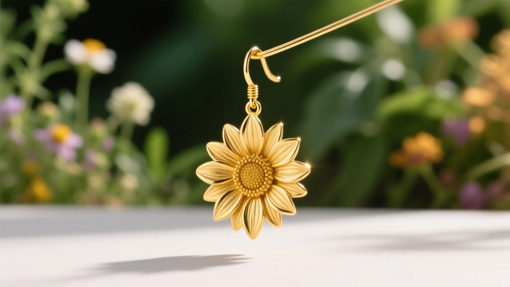 Side profile showing 1.2mm petal thickness of a cast 18k gold sunflower drop earring against a blurred botanical background.