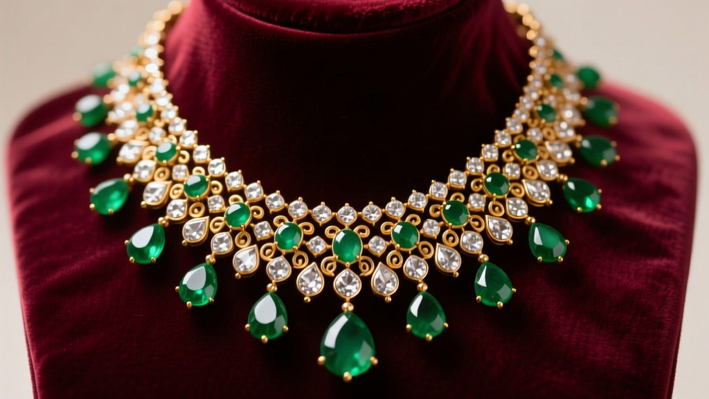 Kundan bridal necklace with uncut Polki diamonds and emerald drops resting on dark red velvet fabric under soft studio lighting