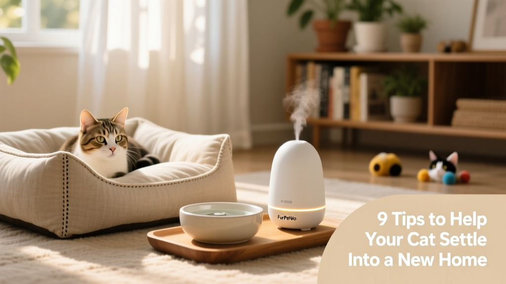 A FurPetVo pheromone diffuser placed beside a cat’s bed and water bowl in a serene, sunlit room