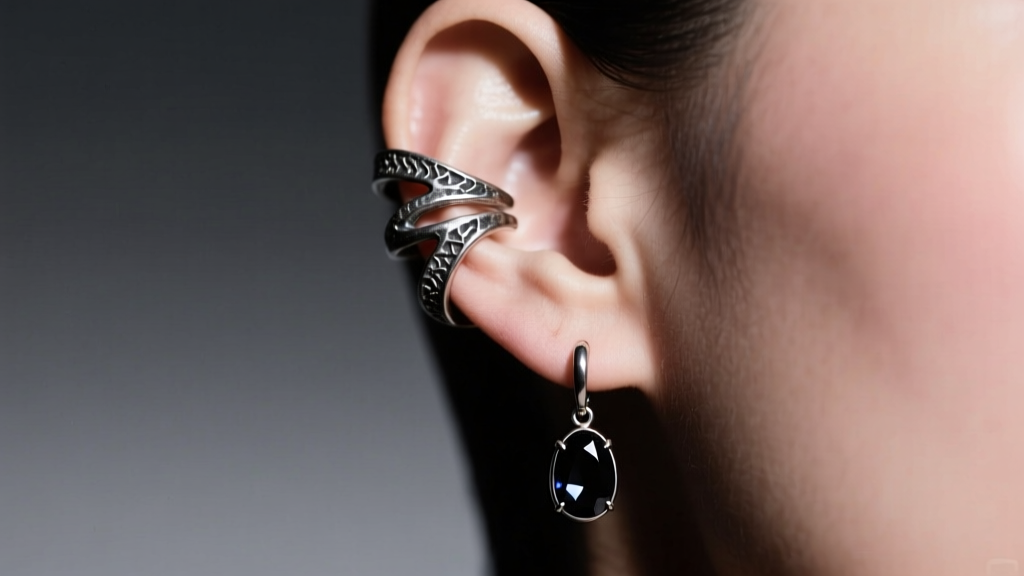 Close up of ear wearing oxidized silver ear cuff and black spinel drop earring in moody studio lighting for fashion editorial.