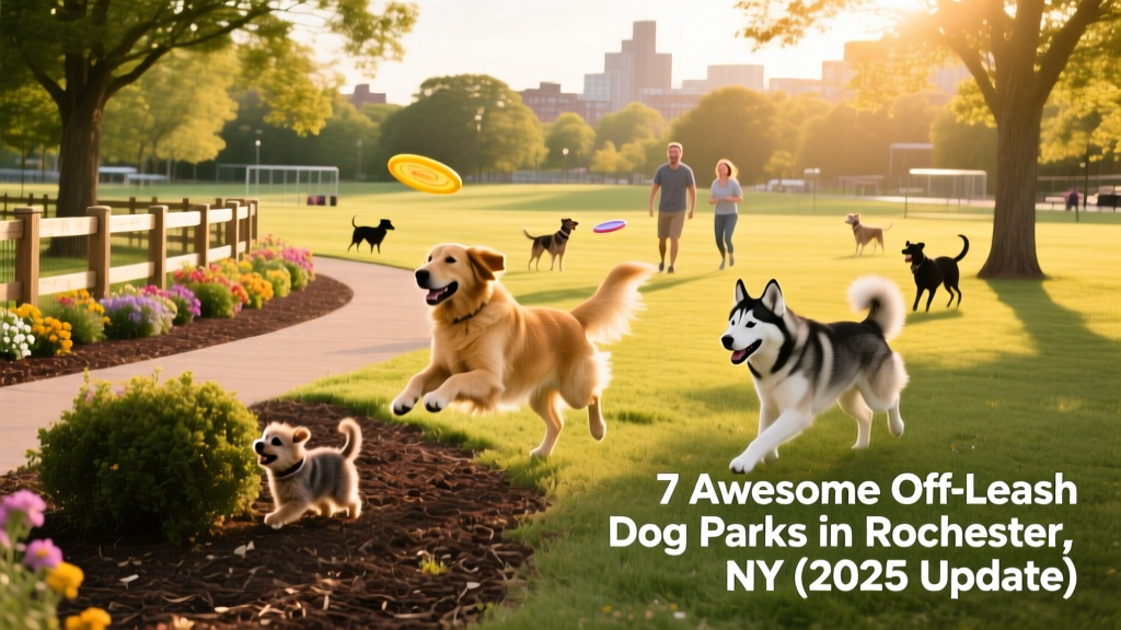 A sunny, spacious dog park with fenced perimeter, dogs playing fetch and sniffing along mulched paths