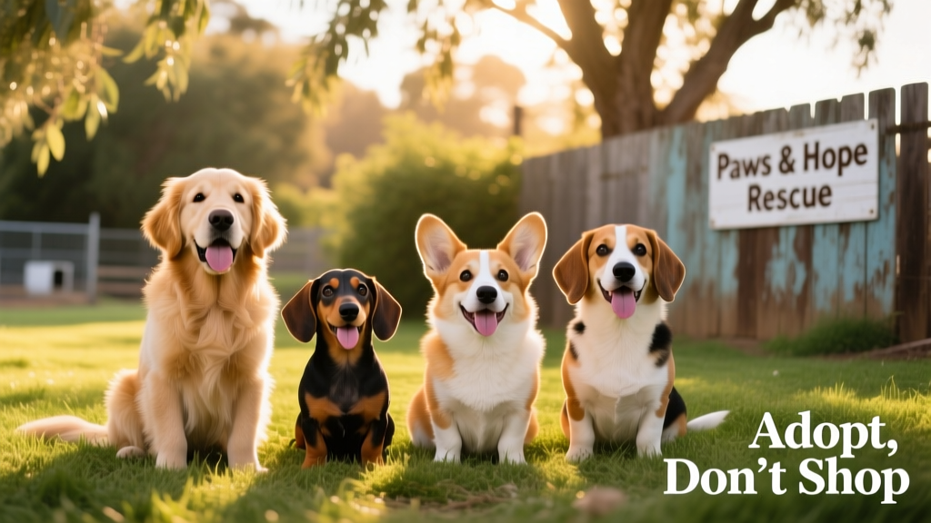 Four cheerful puppies sitting side-by-side on a sunlit grassy patch at a California rescue facility