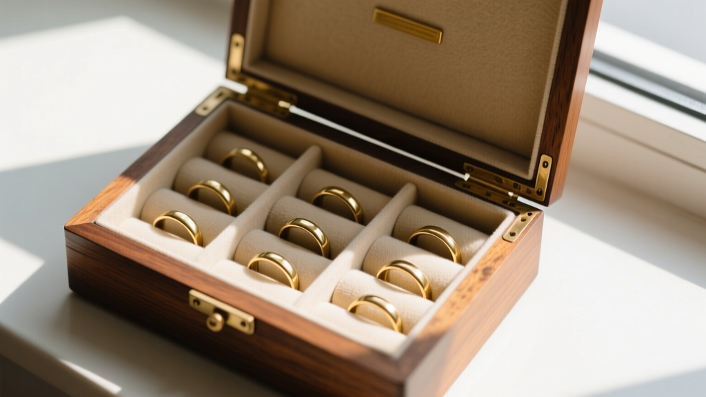 Top view of a restored vintage wood jewelry box interior showing pristine acid-free beige micro-suede lining and brass ring rolls.
