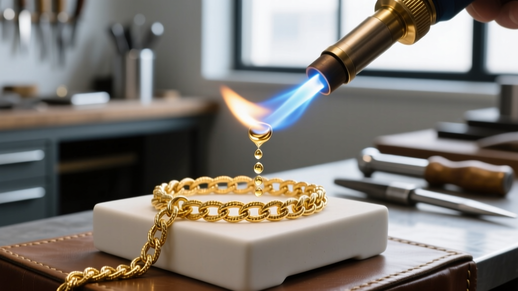 Close-up of a micro-torch heating a broken 14k gold rope chain link on a ceramic soldering block in a professional jewelry workshop.