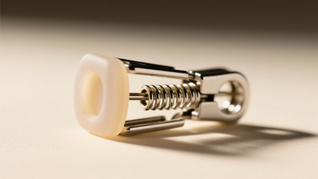 Macro shot of a paddle-back clip on earring hinge, showing the silicone comfort pad and spring tension coil in sharp focus.