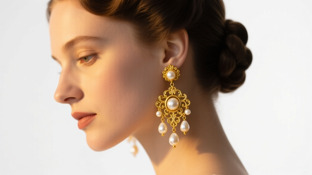 Side profile of woman wearing baroque pearl chandelier earrings, 14k yellow gold, warm ambient light, elegant regencycore style