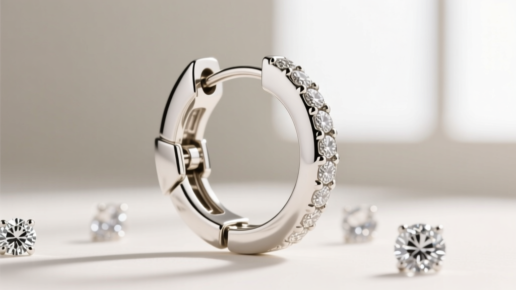 Close-up of a hidden hinged snap clasp on a white gold diamond hoop, revealing the interlocking tongue and precision groove joint.