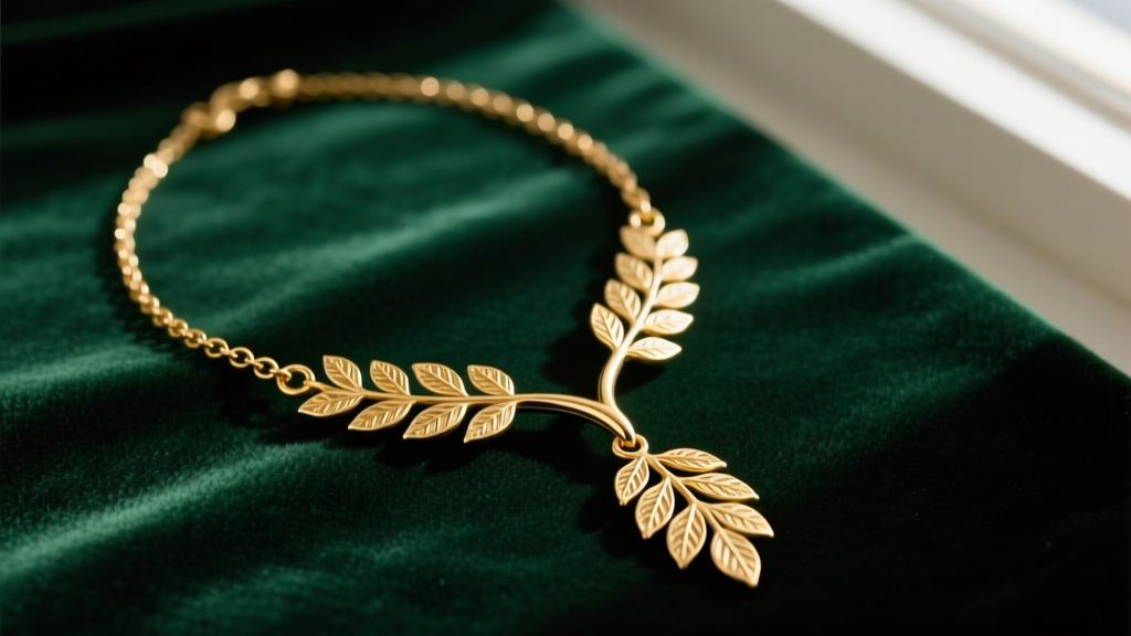 Elegant flat lay of a gold-plated brass Y-chain lariat necklace with laurel leaf pendants resting on dark green velvet fabric.