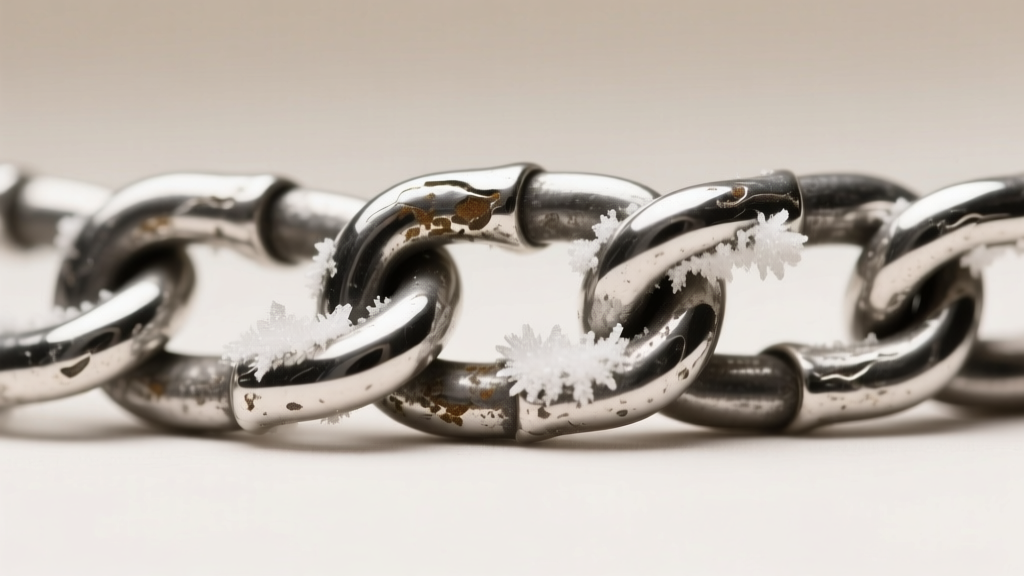 Macro photo of an oxidized sterling silver chain showing white starch residue trapped deep within the tiny metal crevices.