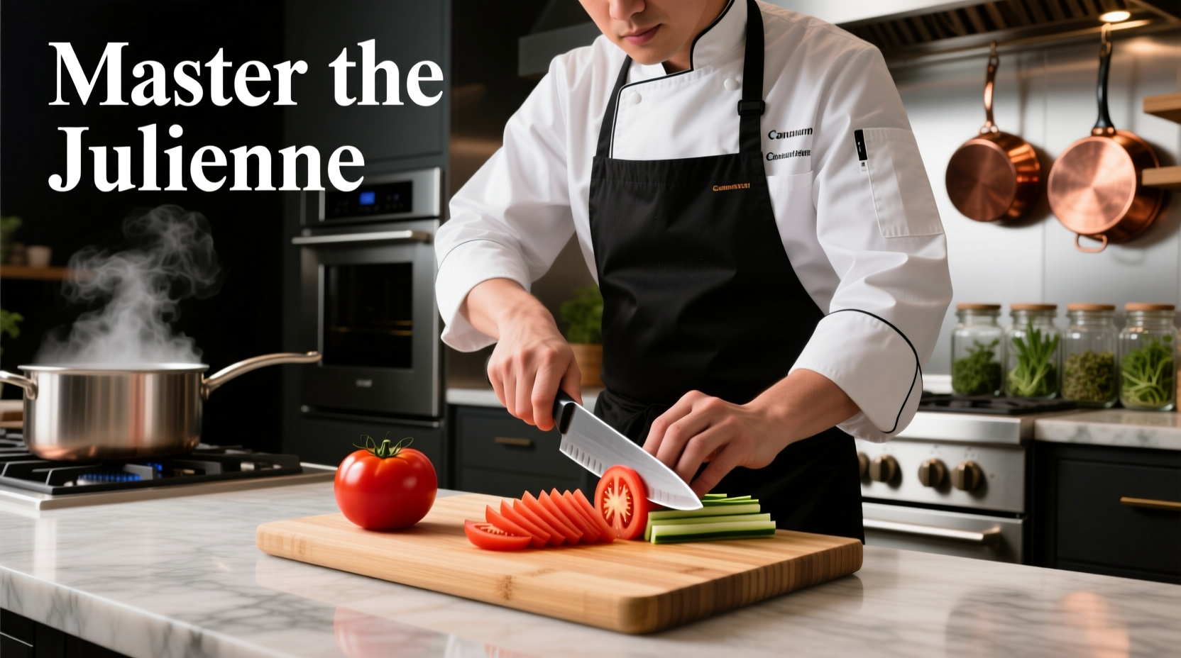 Professional chef demonstrating julienne tomato cutting technique