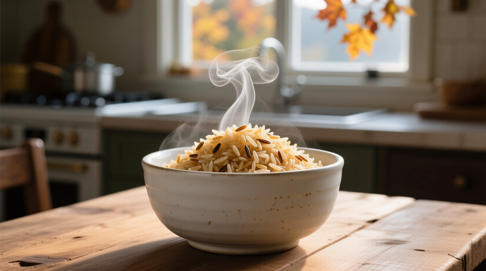 Fluffy cooked wild rice in rice cooker bowl