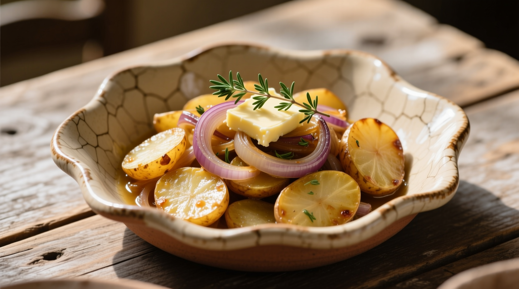 Traditional French potato lyonnaise in ceramic dish
