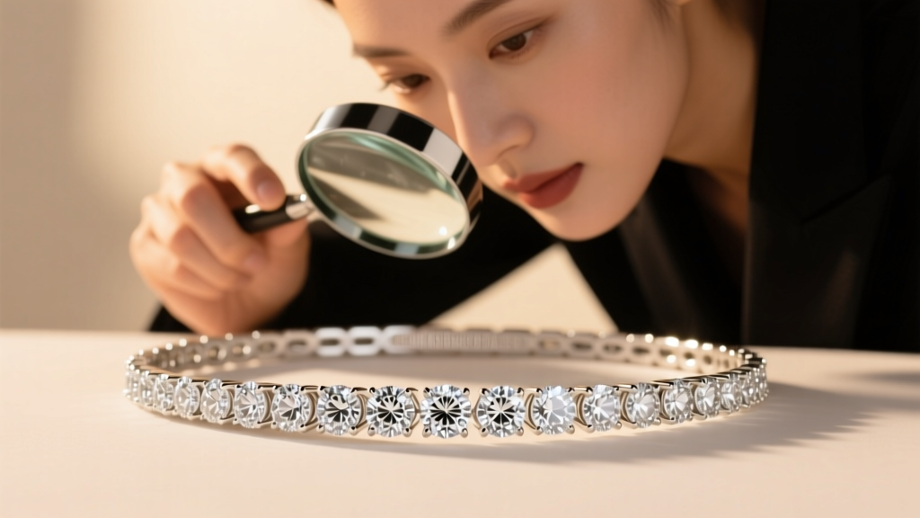 Jeweler using a loupe to inspect shared prongs on center stones of a white gold graduated diamond tennis necklace in warm light
