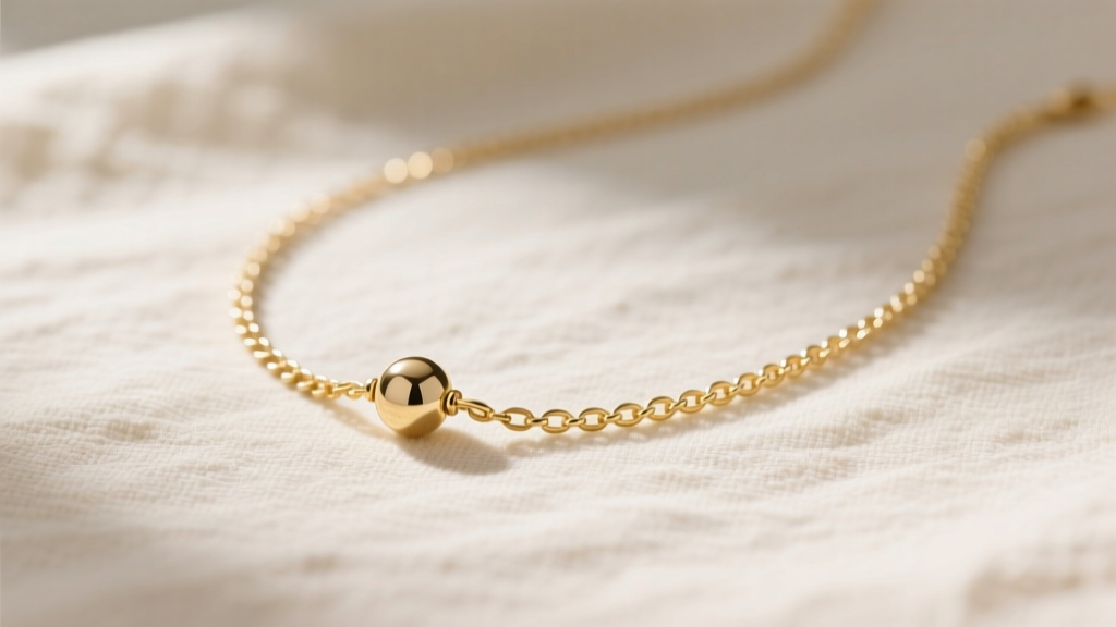 Flat lay of a delicate 14k gold slip chain necklace with a sliding bead resting on cream linen fabric in soft natural light