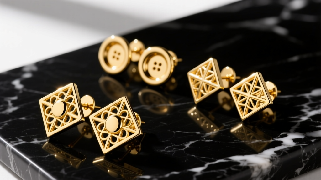 Flat lay of three pairs of 18k gold vermeil 80s-inspired button earrings on dark marble, highlighting textured metalwork and polish.