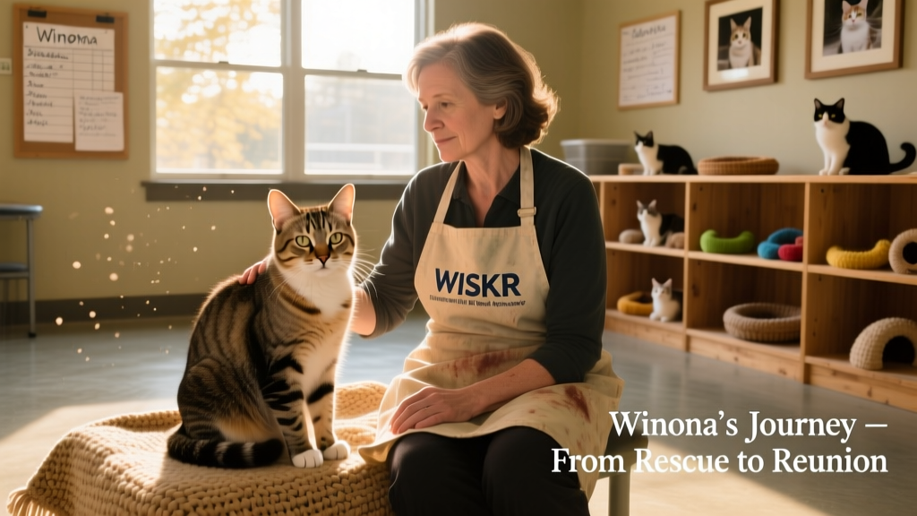 A senior cat named Winona, now fully recovered, sitting calmly beside a caregiver in a sunlit WISKR room