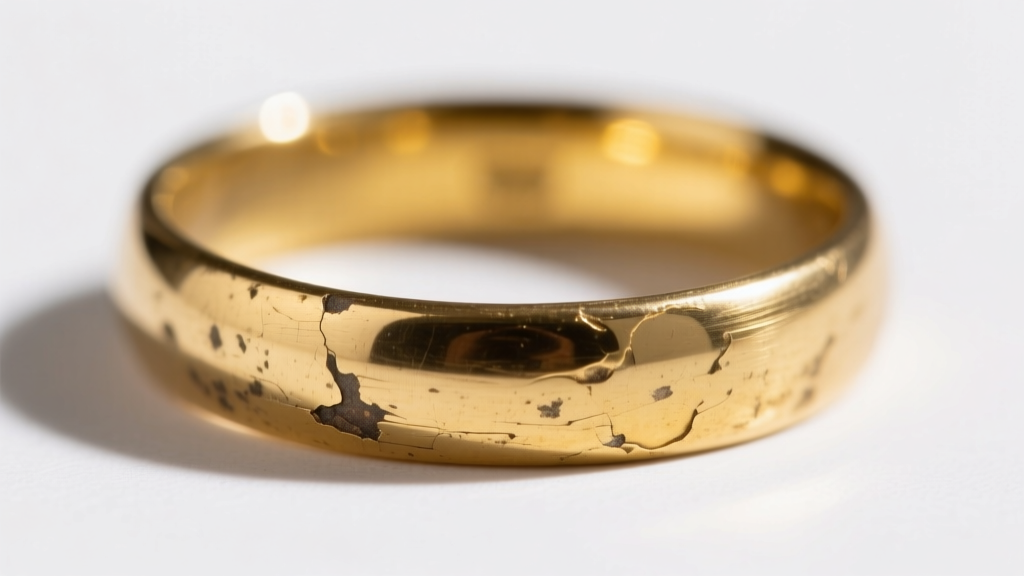 Close-up of a worn gold filled ring shank showing the exposed yellowish brass core where the outer gold layer has rubbed away