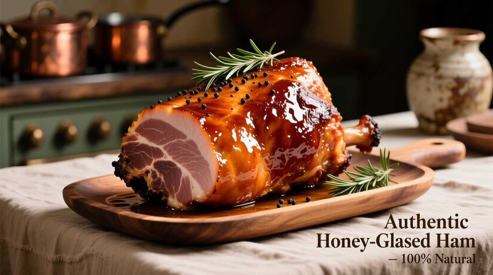 Perfectly glazed bone-in ham on serving platter