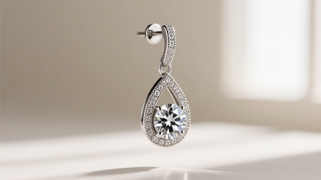 Macro photography of a platinum diamond drop earring catching light, showing intricate milgrain on the articulated link joint.