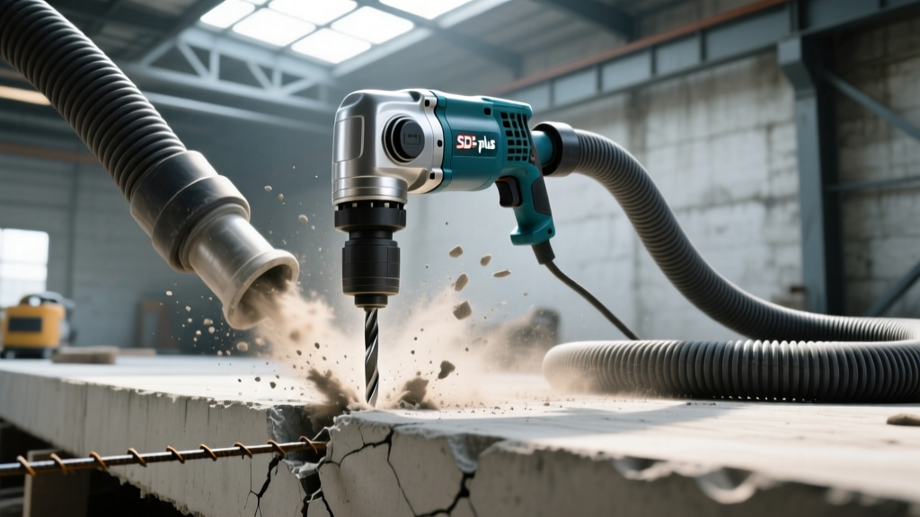 SDS-plus rotary hammer drilling into a reinforced concrete slab with a HEPA dust extraction vacuum hose attached
