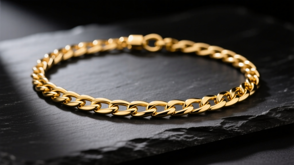 A polished 14k yellow gold figaro chain necklace resting on dark slate, illuminated by soft studio lighting to show link details.