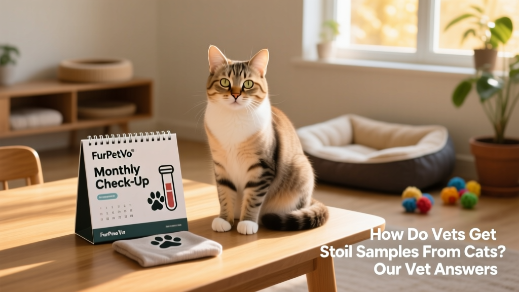 A happy, healthy cat sitting beside a FurPetVo wellness kit with calendar reminder and lab test icon