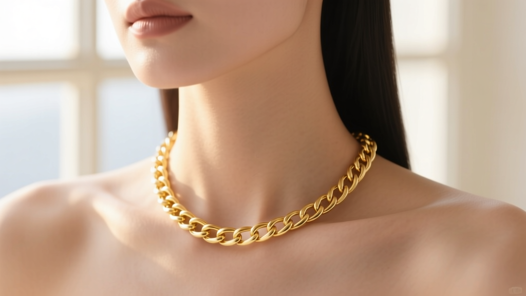 Close-up of a delicate 16-inch 14k yellow gold cable chain resting perfectly on a woman's collarbone, soft natural lighting