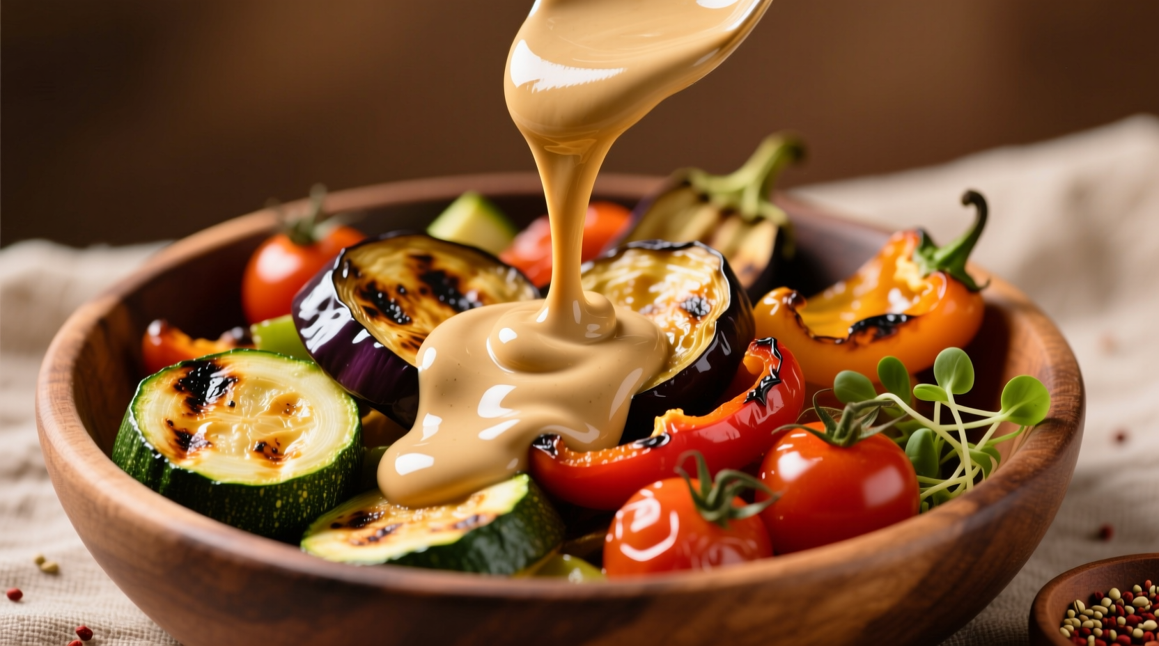 Creamy tahini sauce drizzled over roasted vegetables