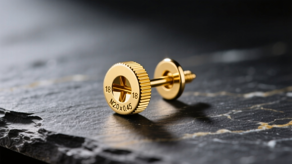 Macro shot of an 18k yellow gold screw-back earring post with precise metric threading, resting on a dark matte slate surface