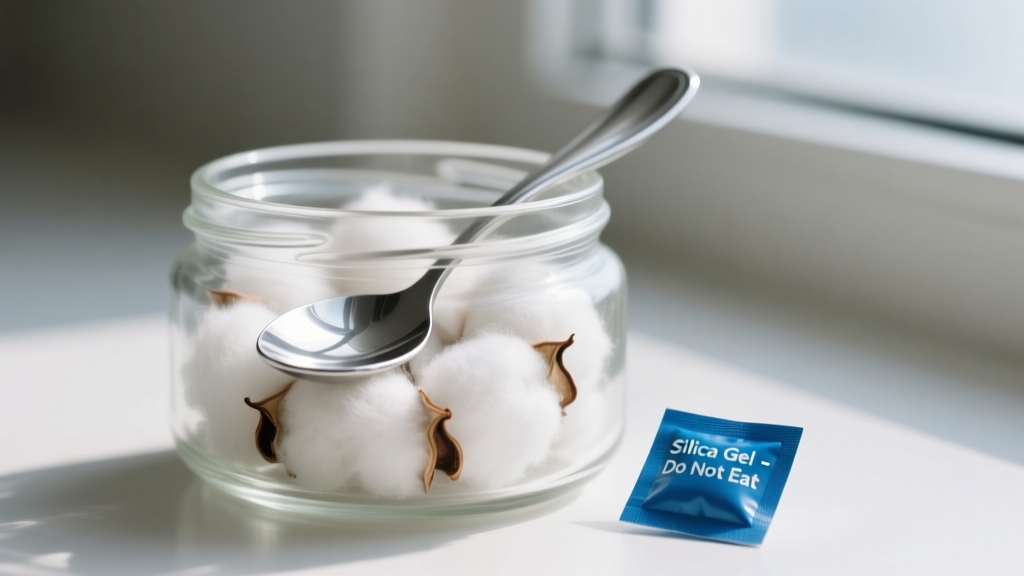 Close-up of silver resting on unbleached cotton inside a sealed jar, with a blue indicating silica gel packet visible nearby