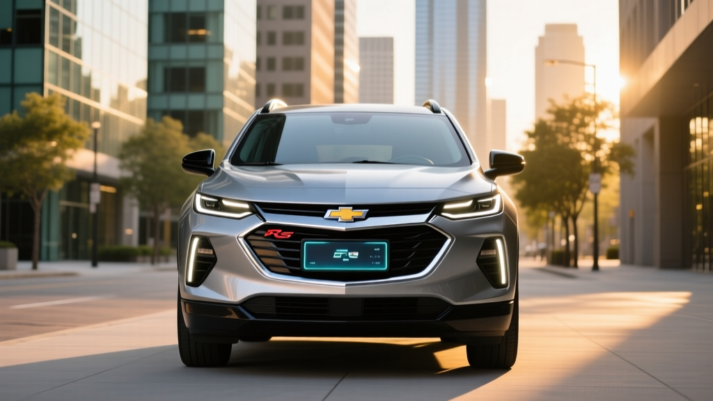 Chevrolet Equinox EV RS parked in an urban environment highlighting its modern front fascia and large digital infotainment display