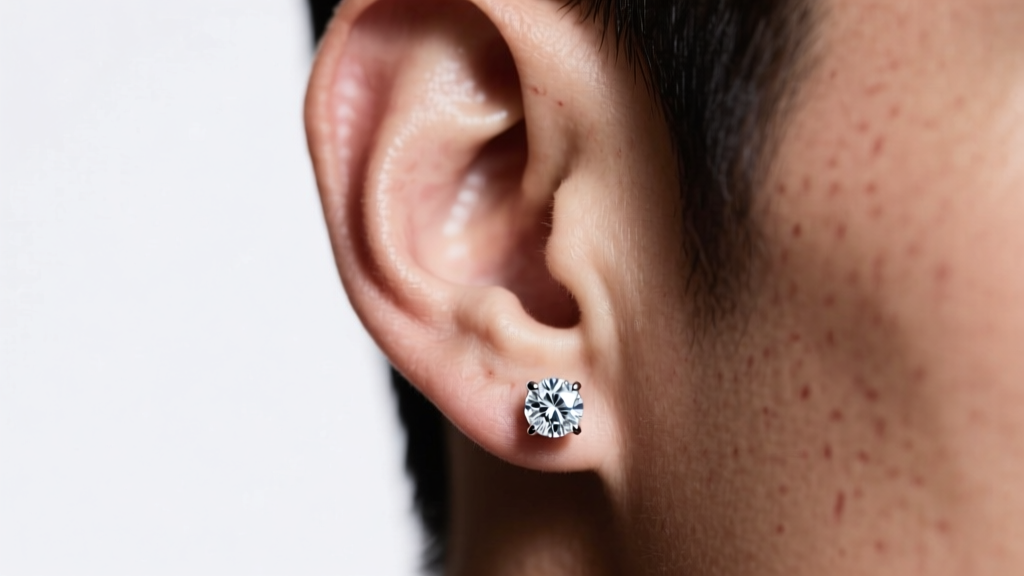 Masculine earlobe wearing a single 4-carat round brilliant diamond stud earring set in polished platinum under soft studio lighting