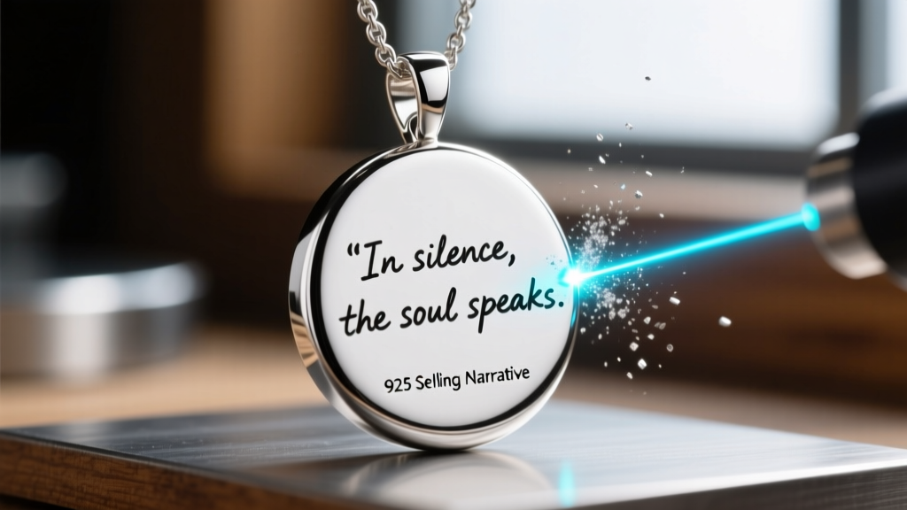 Macro shot of a fiber laser engraving a handwritten literary quote onto a polished 925 sterling silver narrative disc pendant