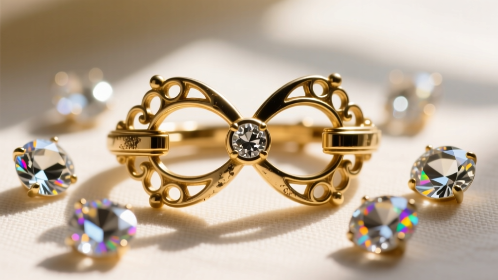 Macro shot of a vintage Juliana figure-8 clasp and unfoiled chaton rhinestones in gold-tone metal, highlighting the prong details.