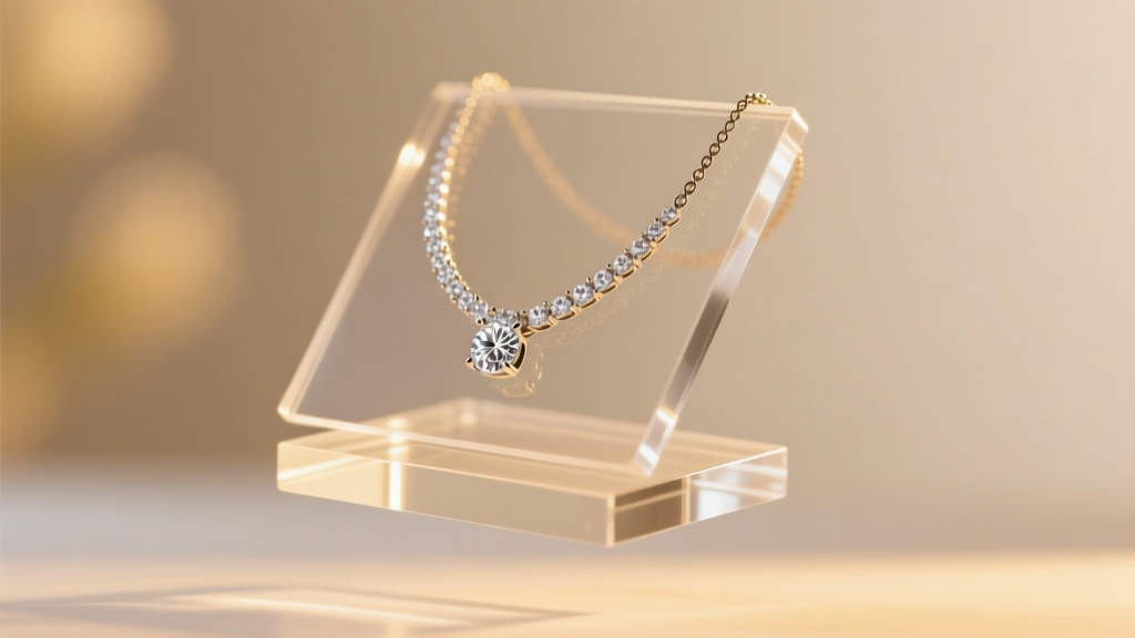 Warm 2700K LED lighting illuminating a floating UV-stabilized acrylic necklace stand showcasing a delicate diamond tennis chain