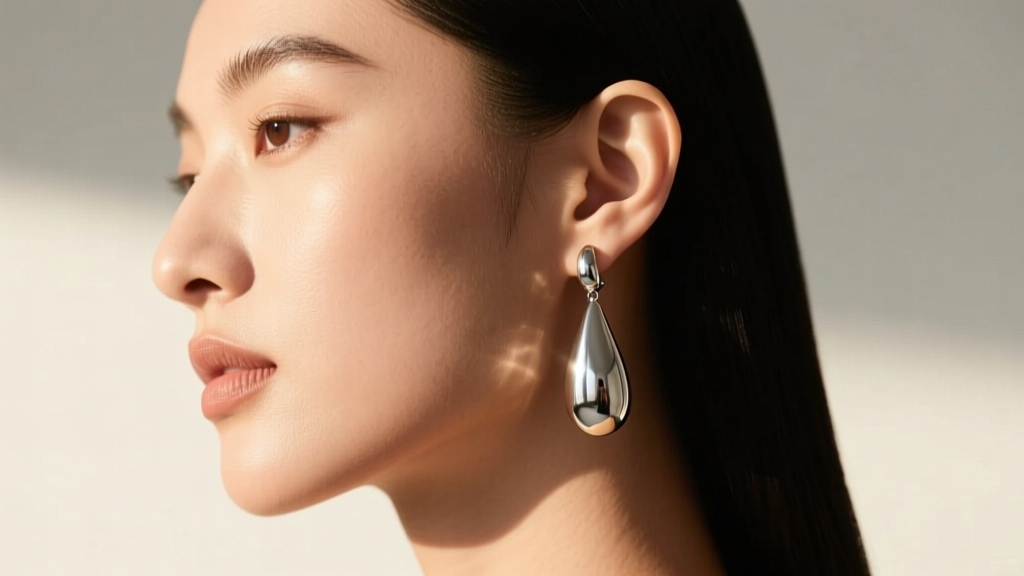 Profile view of a model wearing medium silver Bottega Veneta teardrop earrings, highlighting the lobe drop and polished finish